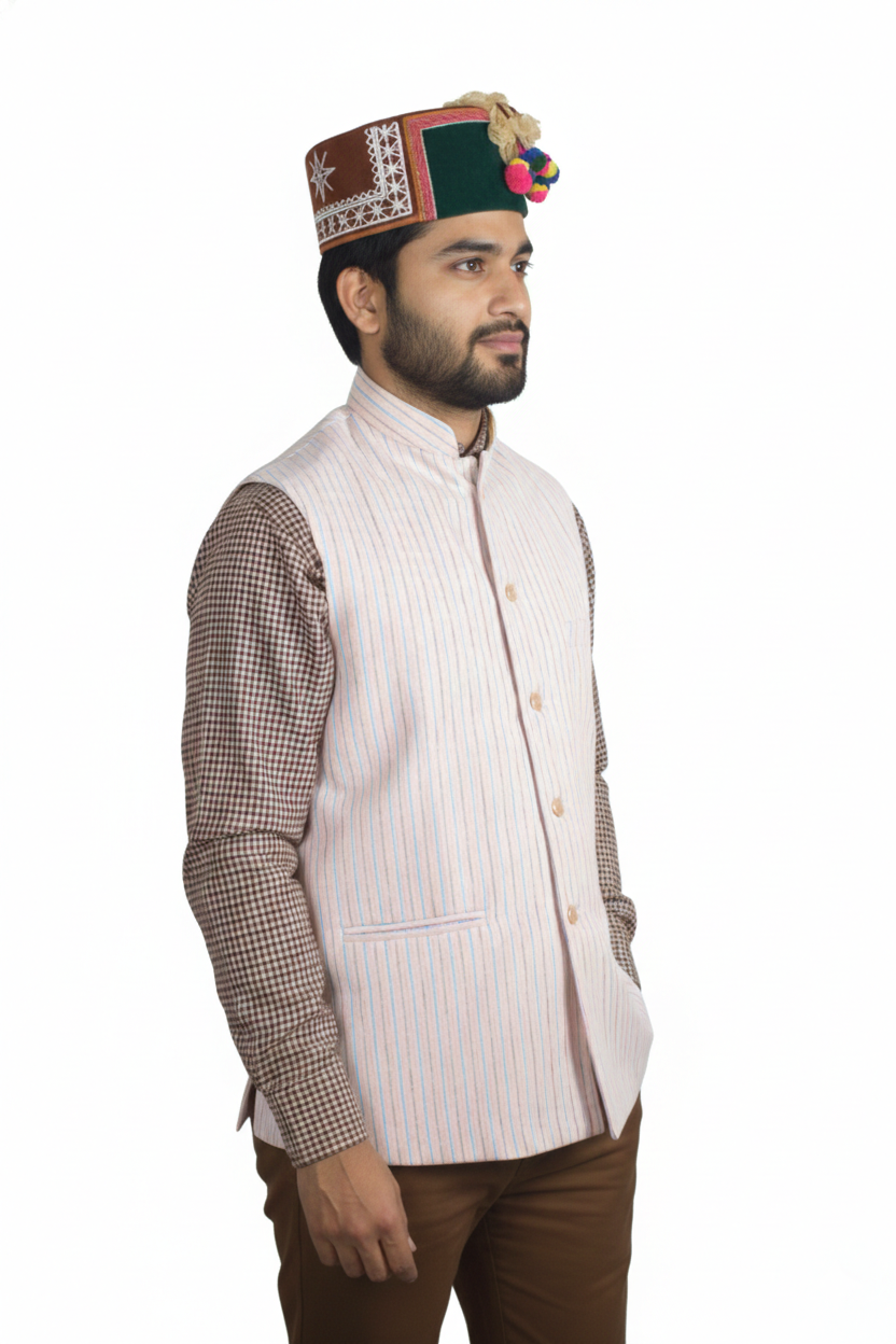 Traditional Woolen Himachali Topi / Cap- GREEN | Handcrafted Kinnauri style | intricate borders with emblem