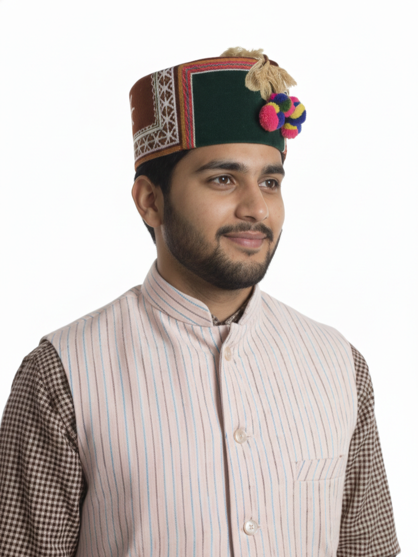 Traditional Woolen Himachali Topi / Cap- GREEN | Handcrafted Kinnauri style | intricate borders with emblem