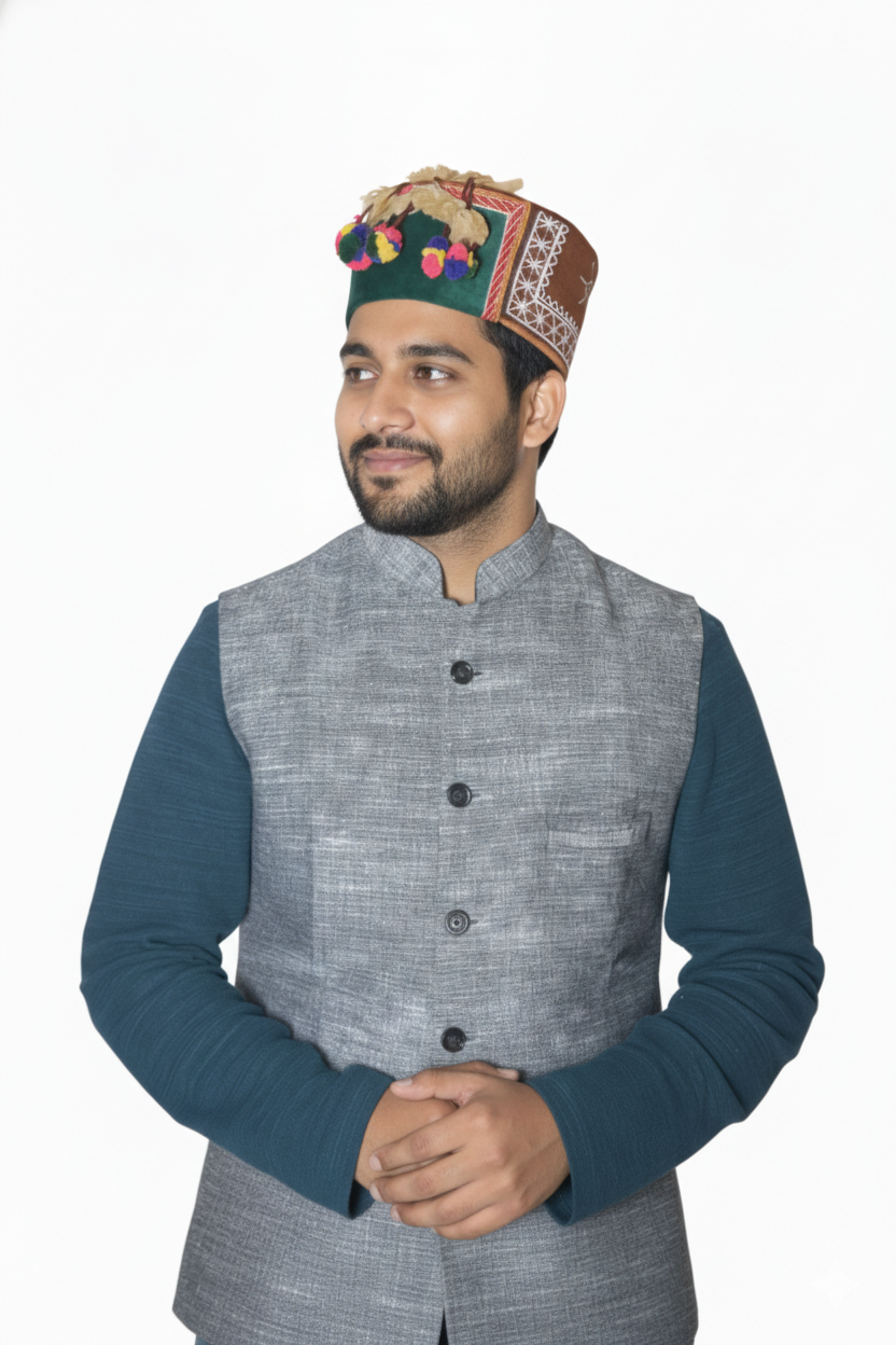 Traditional Woolen Himachali Topi / Cap- GREEN | Handcrafted Kinnauri style | intricate borders with emblem