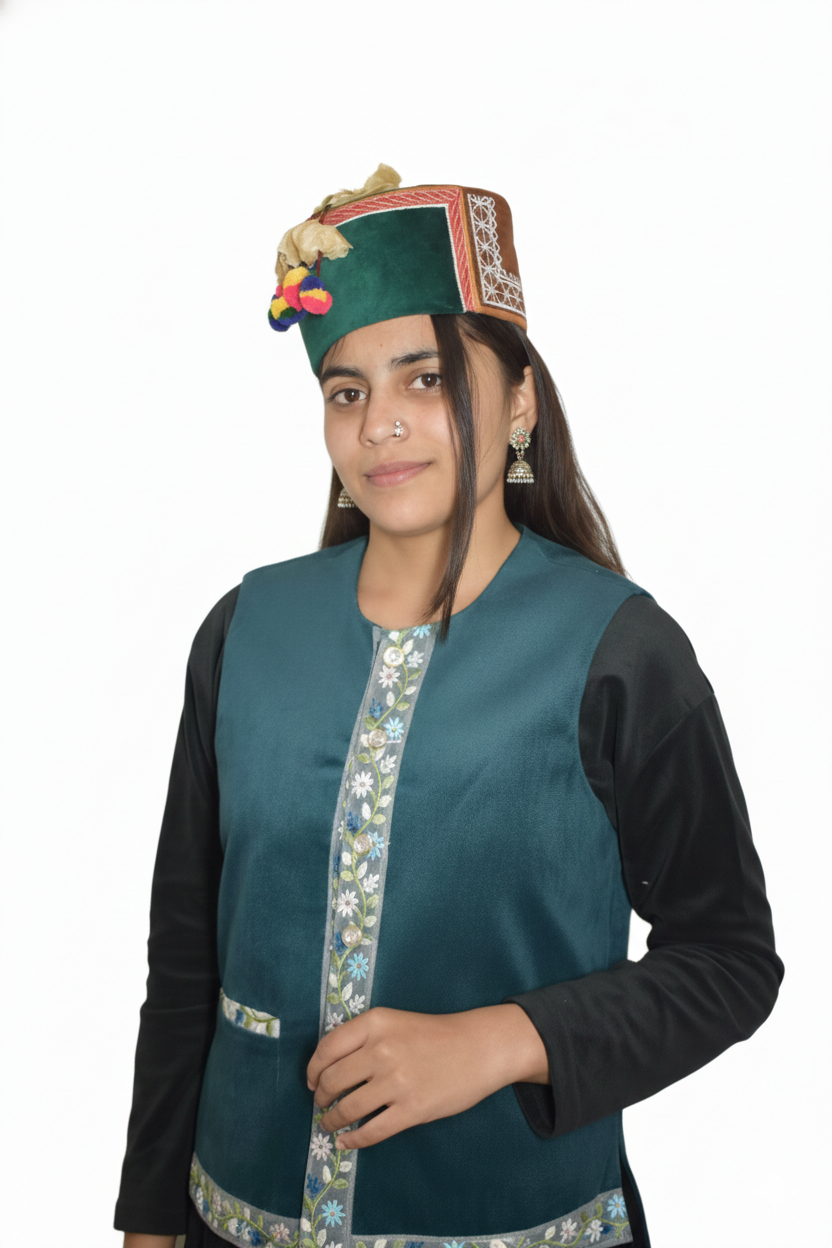 Traditional Woolen Himachali Topi / Cap- GREEN | Handcrafted Kinnauri style | intricate borders with emblem