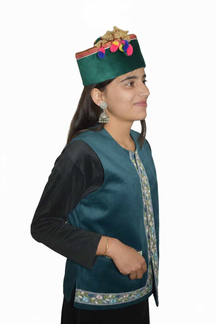 Traditional Woolen Himachali Topi / Cap- GREEN | Handcrafted Kinnauri style | intricate borders with emblem