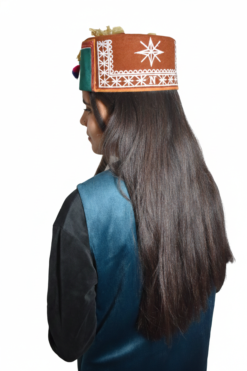 Traditional Woolen Himachali Topi / Cap- GREEN | Handcrafted Kinnauri style | intricate borders with emblem