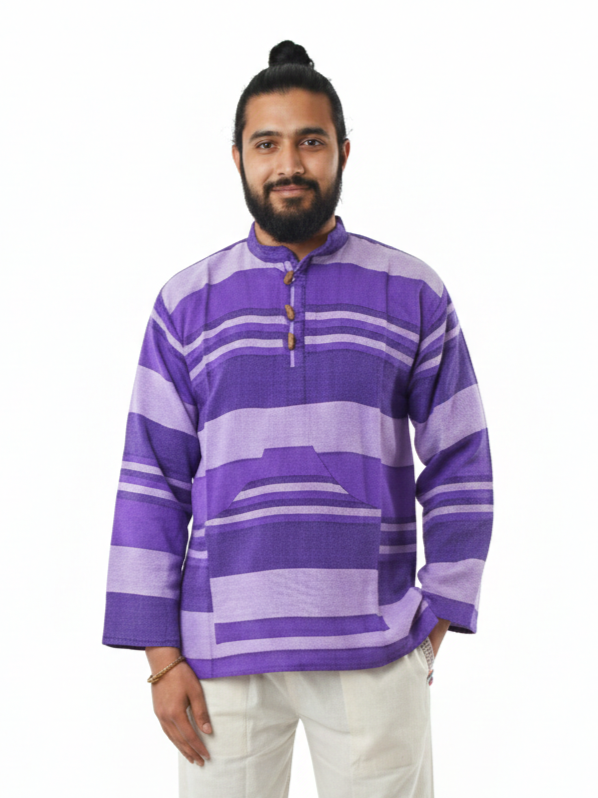 Unisex | Striped Grandad Cotton Shirt | Indian Boho style Kurta | kangaroo pocket | multicolored