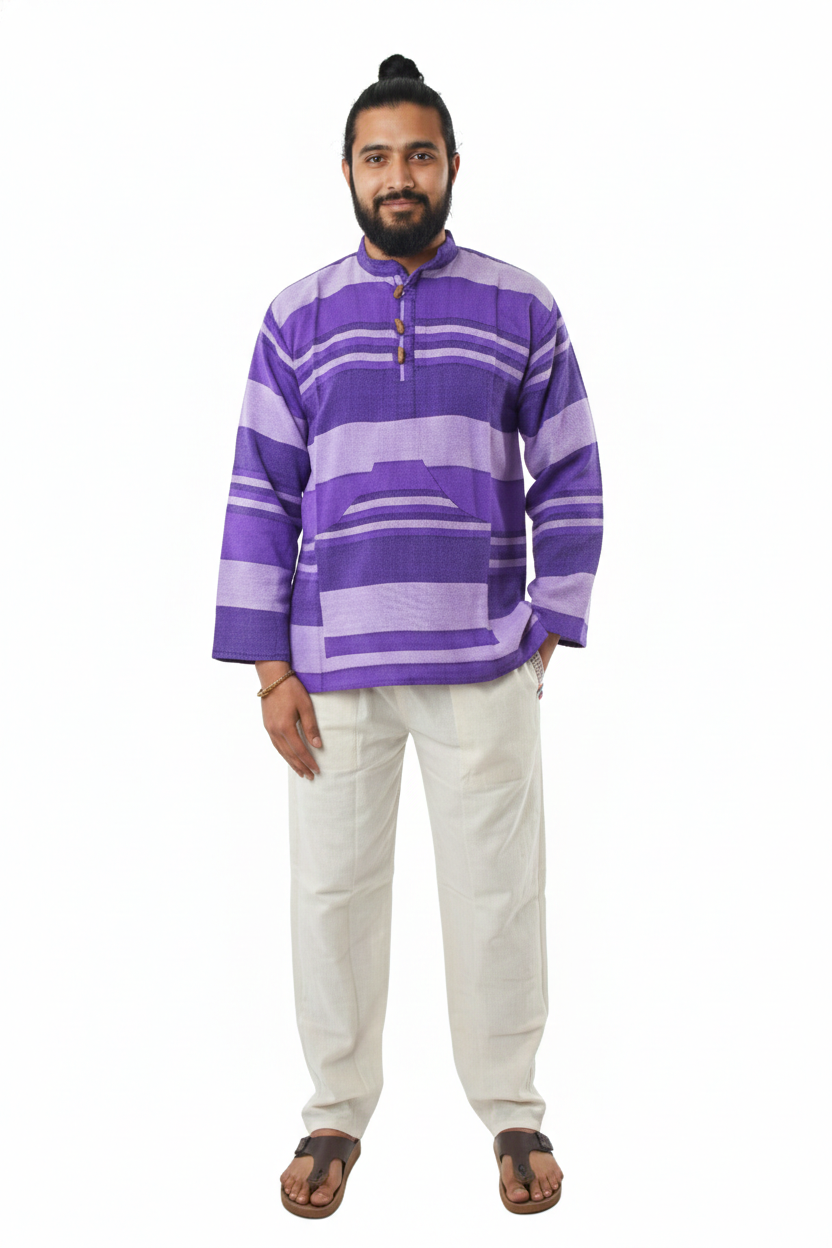 Unisex | Striped Grandad Cotton Shirt | Indian Boho style Kurta | kangaroo pocket