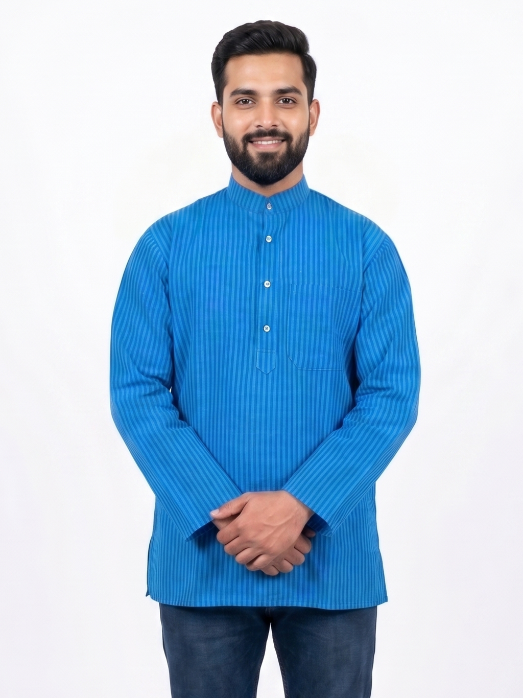 Men | Striped Khadi Short Ethnic Kurta | full sleeve | chest and side pockets | dual-color pattern