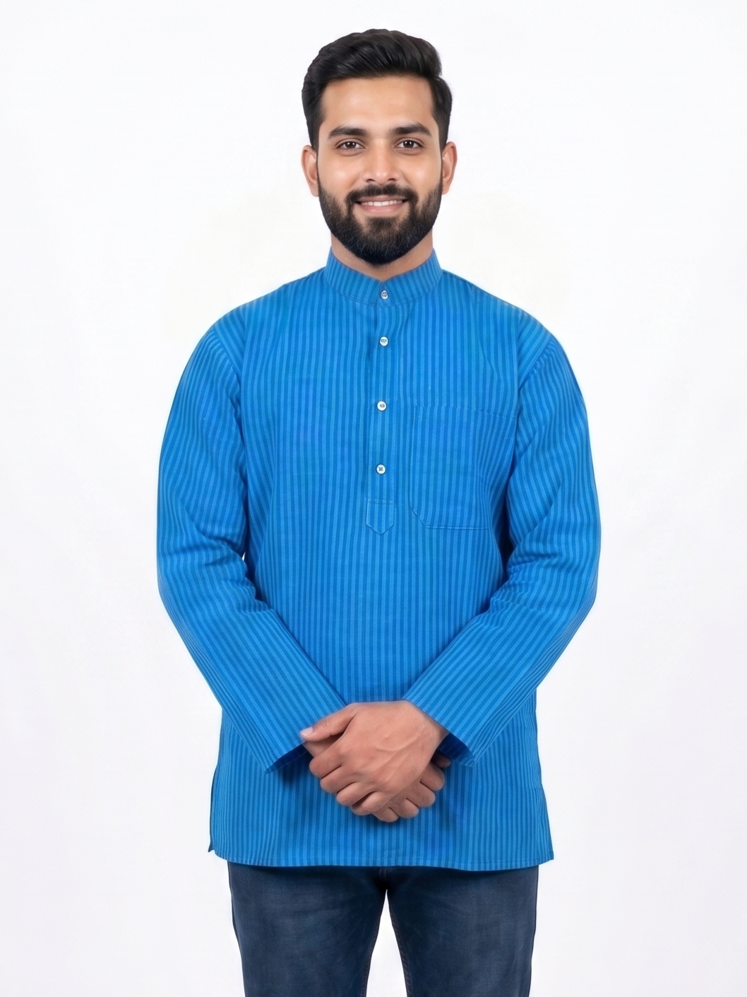 Men | Striped Khadi Short Ethnic Kurta | full sleeve | chest and side pockets | dual-color pattern