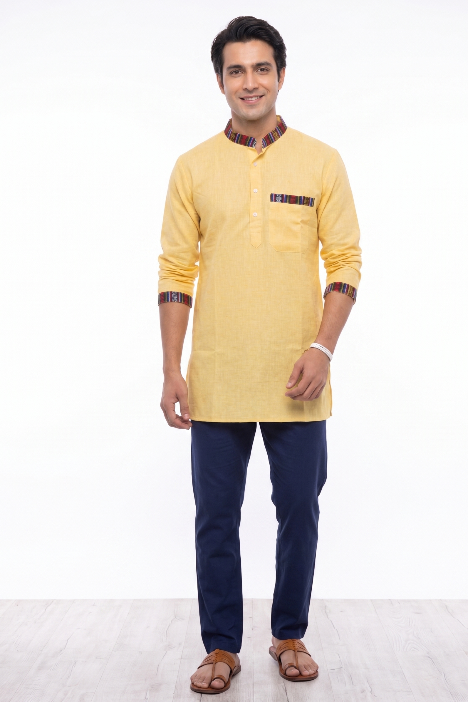 Men | Himalayan Patti Putki- Cotton Short Ethnic Kurta | full sleeve | chest and side pockets | textured pattern