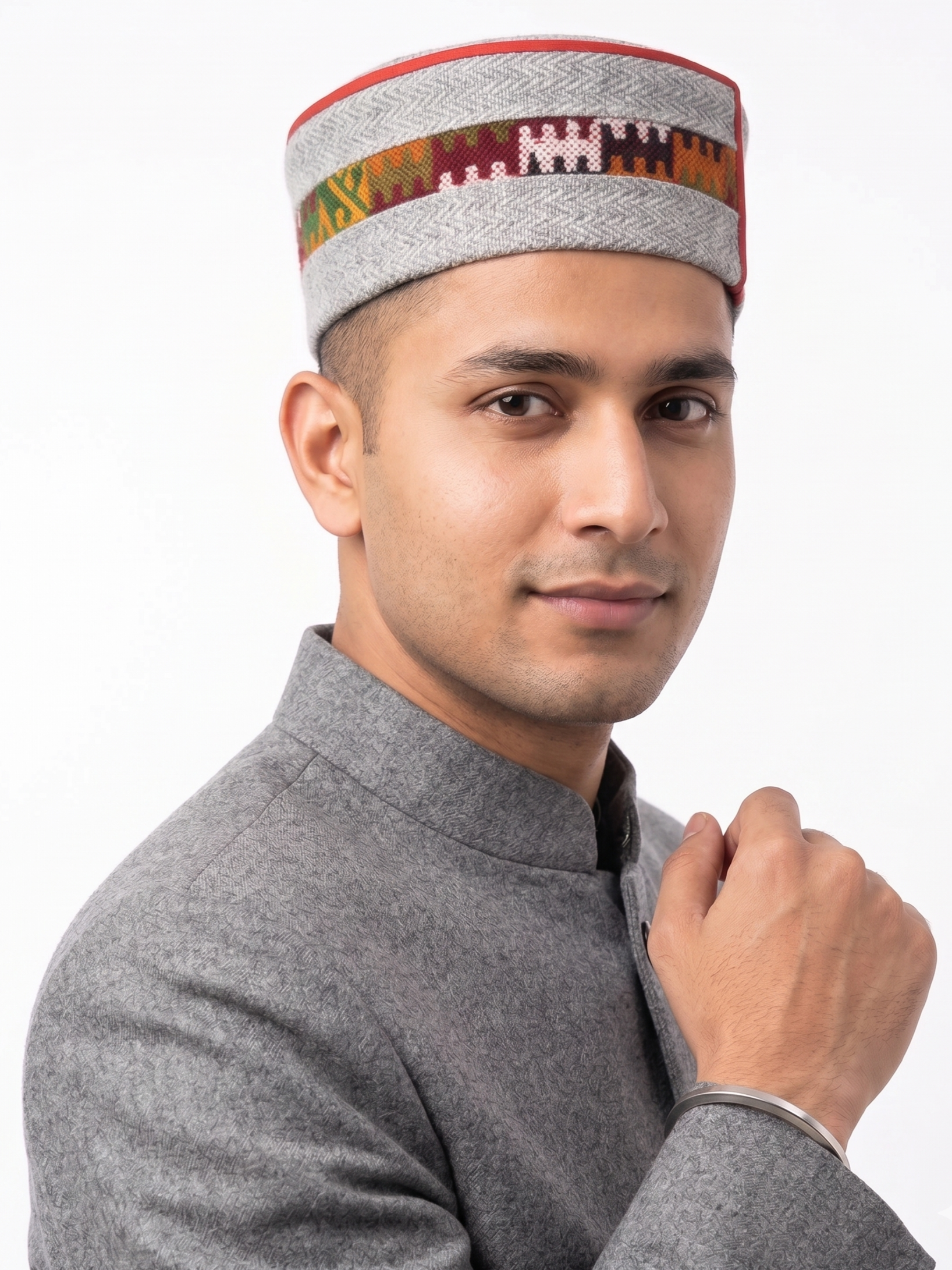 Traditional Himachali Woolen Topi / Cap- MALANA KINGRI (GREY) | handcrafted | intricately woven motif