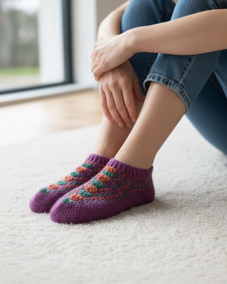 Women | Hand-knitted Woolen Slippers/ Socks (Pairi)| UK 4~5 | short length | assorted multicoloured & textured pattern