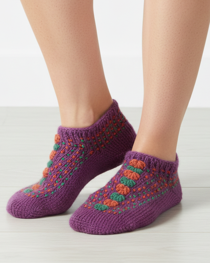 Women | Hand-knitted Woolen Slippers/ Socks (Pairi)| UK 6~7 | short length | assorted multicoloured & textured pattern