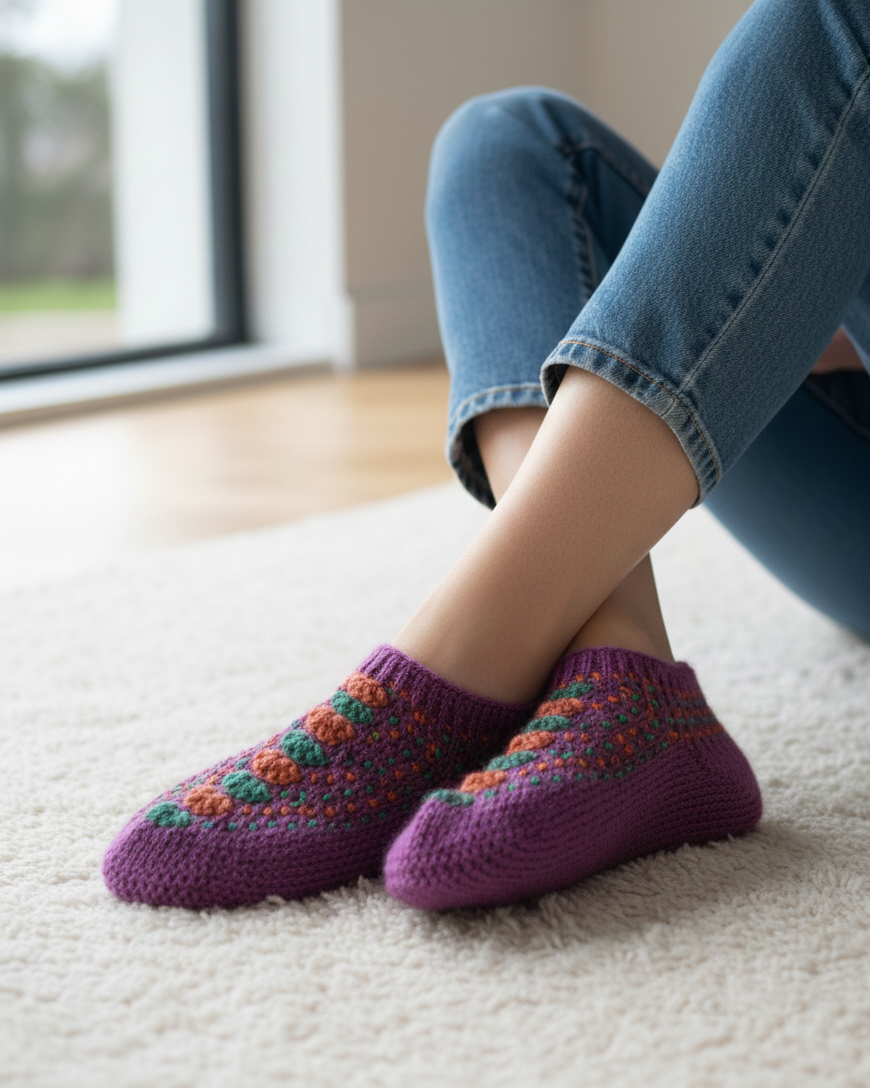Women | Hand-knitted Woolen Slippers/ Socks (Pairi)| UK 6~7 | short length | assorted multicoloured & textured pattern