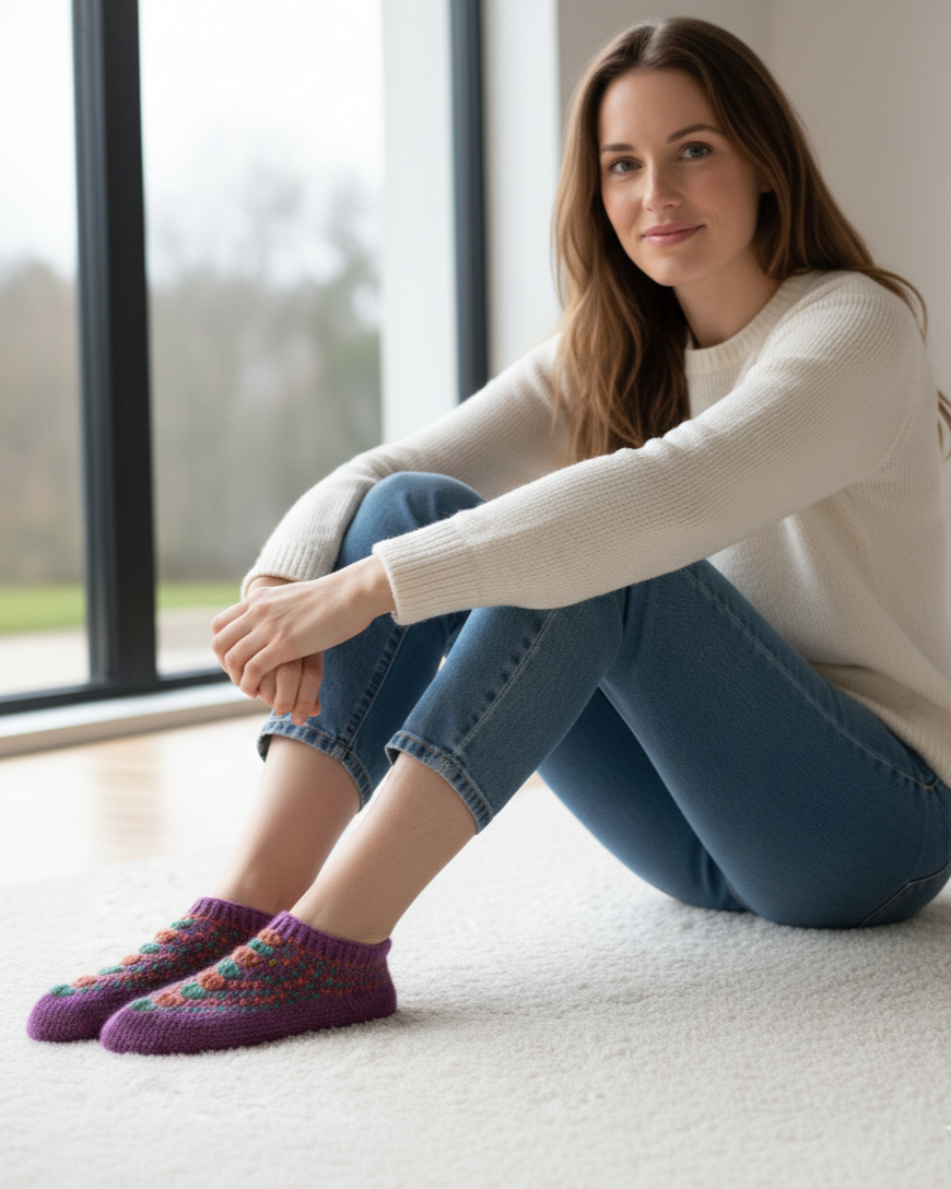 Women | Hand-knitted Woolen Slippers/ Socks (Pairi)| UK 6~7 | short length | assorted multicoloured & textured pattern