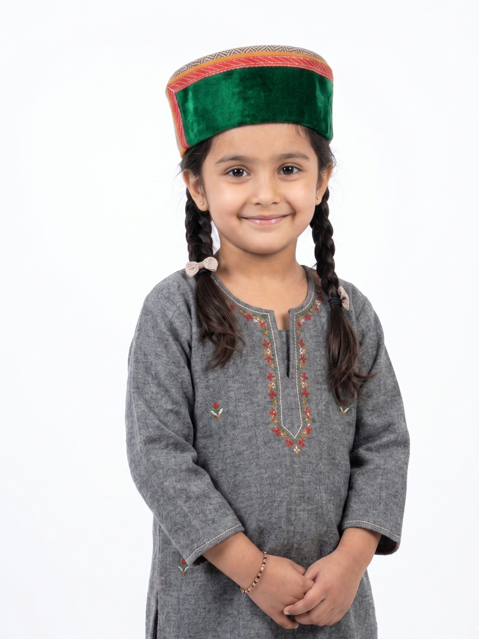 Traditional Woolen Himachali Topi / Cap- GREEN | Handcrafted Kinnauri style | intricate borders with emblem