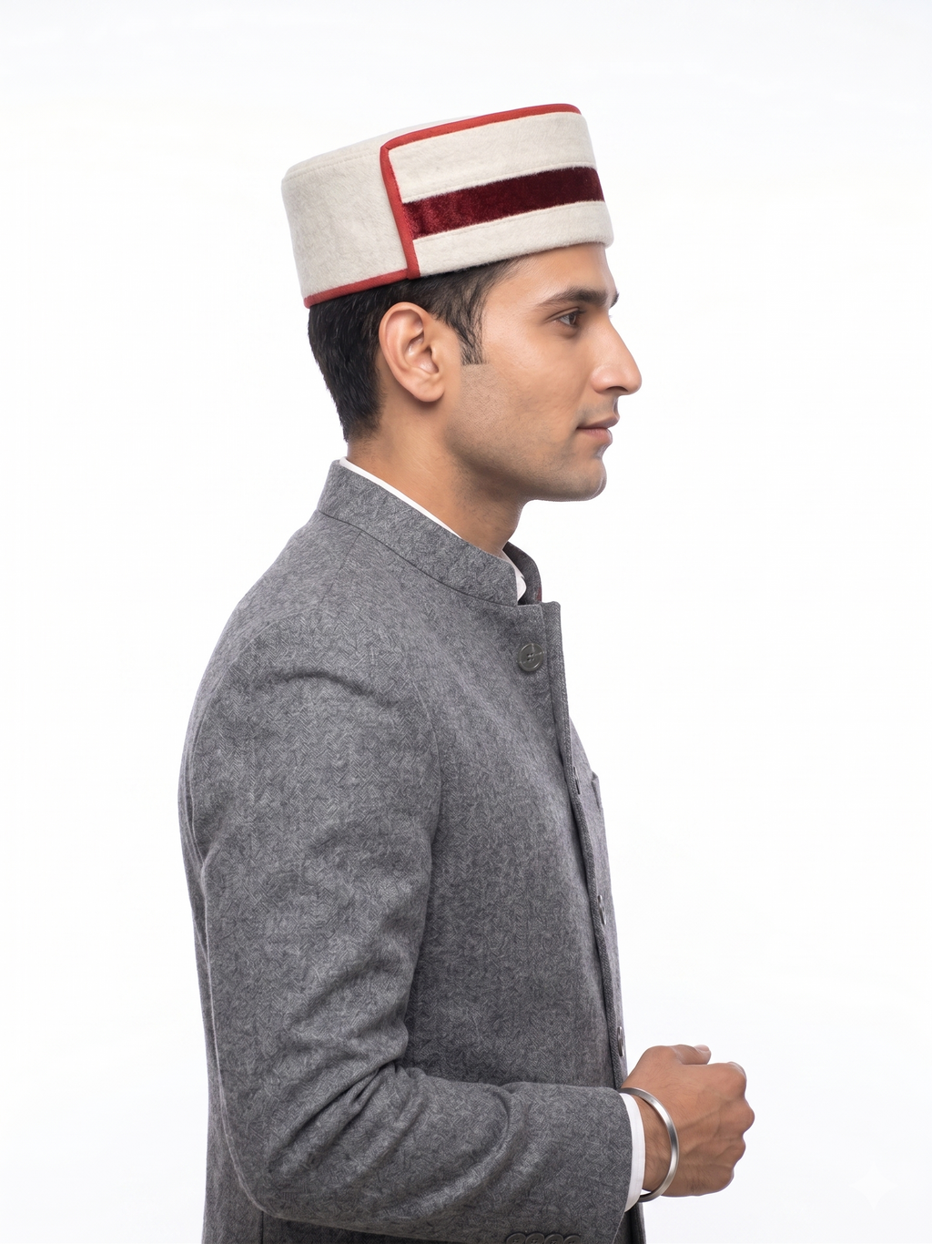 Traditional Himachali Woolen Topi / Cap- MALANA KINGRI (OFF-WHITE) | handcrafted | velvet motif