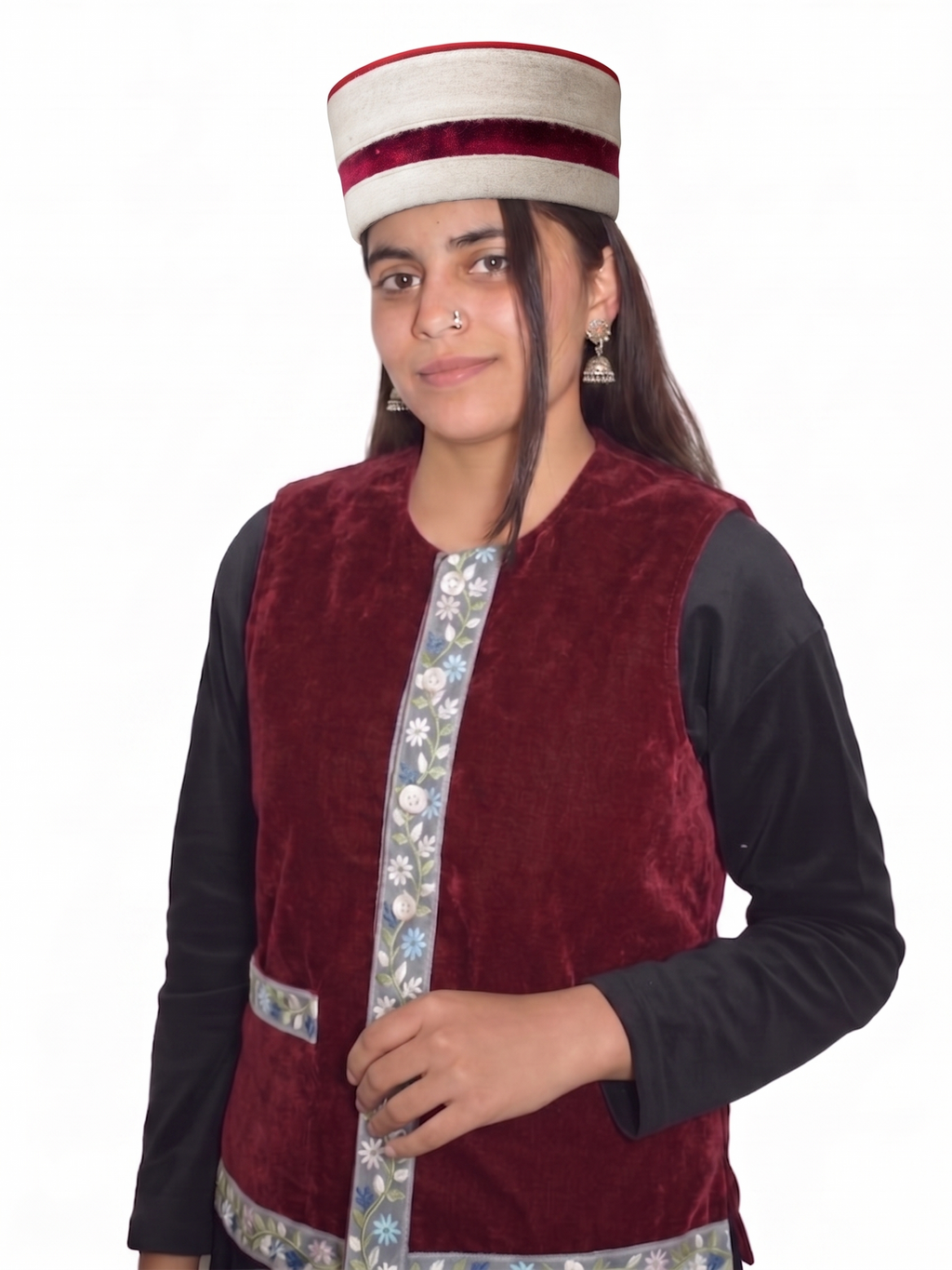 Traditional Himachali Woolen Topi / Cap- MALANA KINGRI (OFF-WHITE) | handcrafted | velvet motif