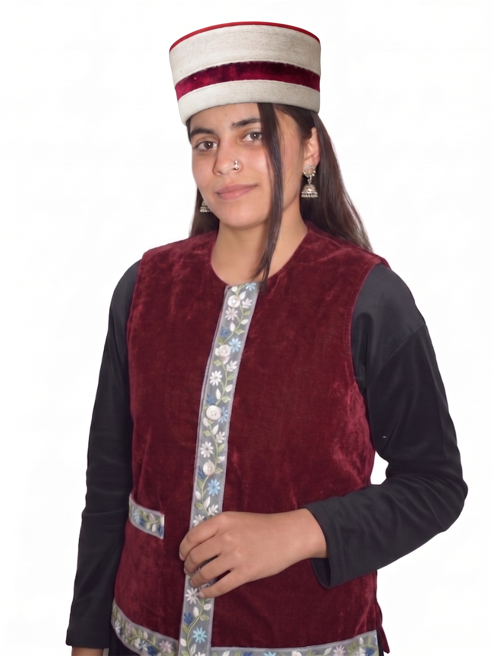 Traditional Himachali Woolen Topi / Cap- MALANA KINGRI (OFF-WHITE) | handcrafted | velvet motif