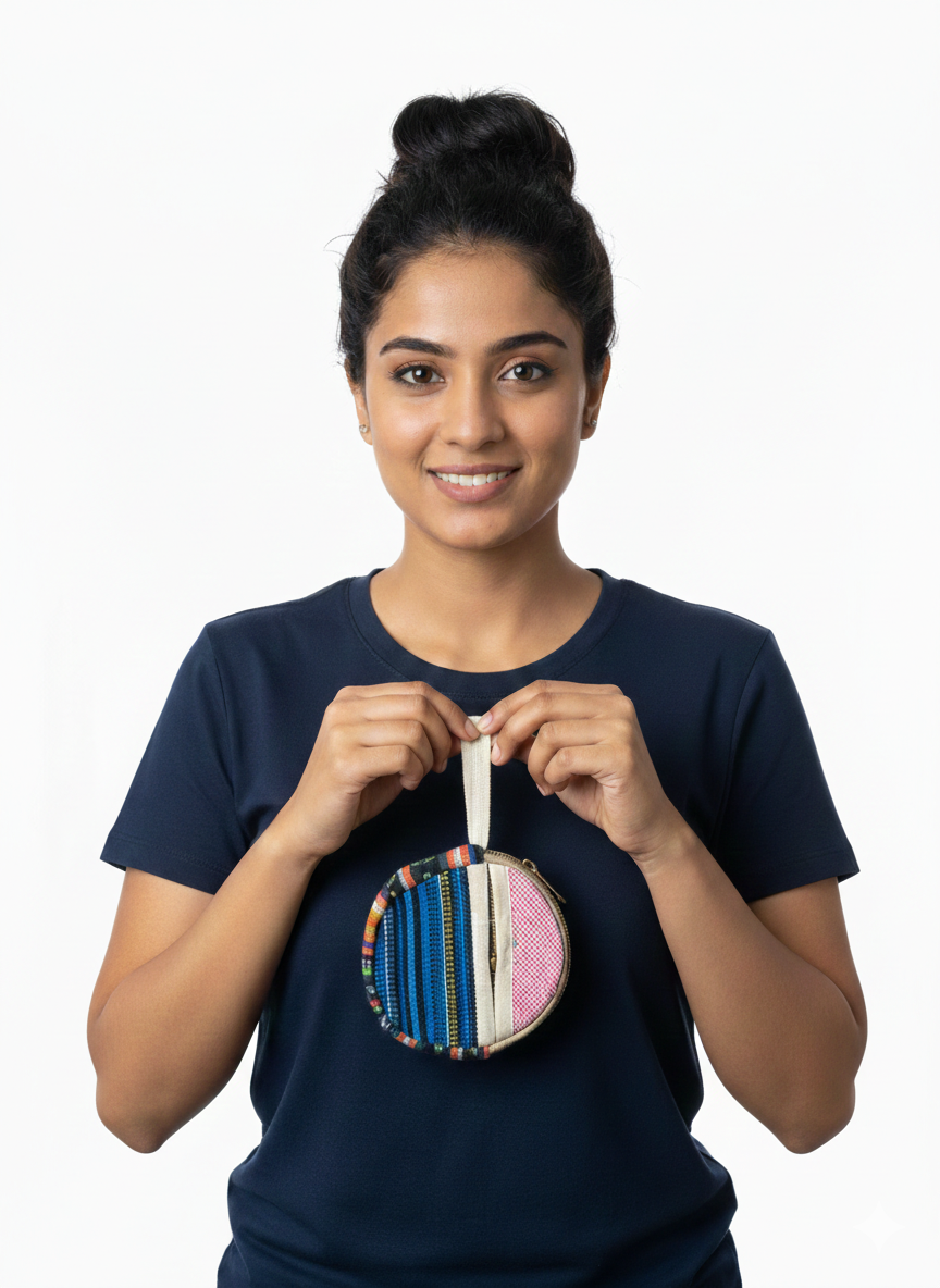 Cotton Round Wallet/ Pouch | assorted multicoloured & Textured pattern | women