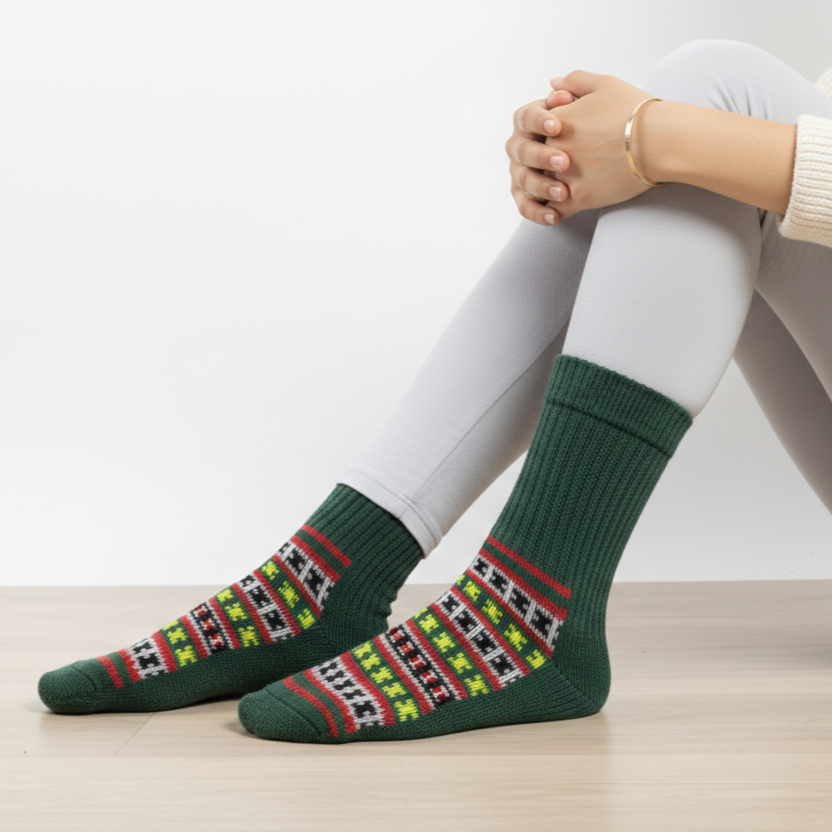 Unisex | Traditional Kullu Pattern Nylon Socks| UK 4~7 | crew length | assorted multicoloured & textured