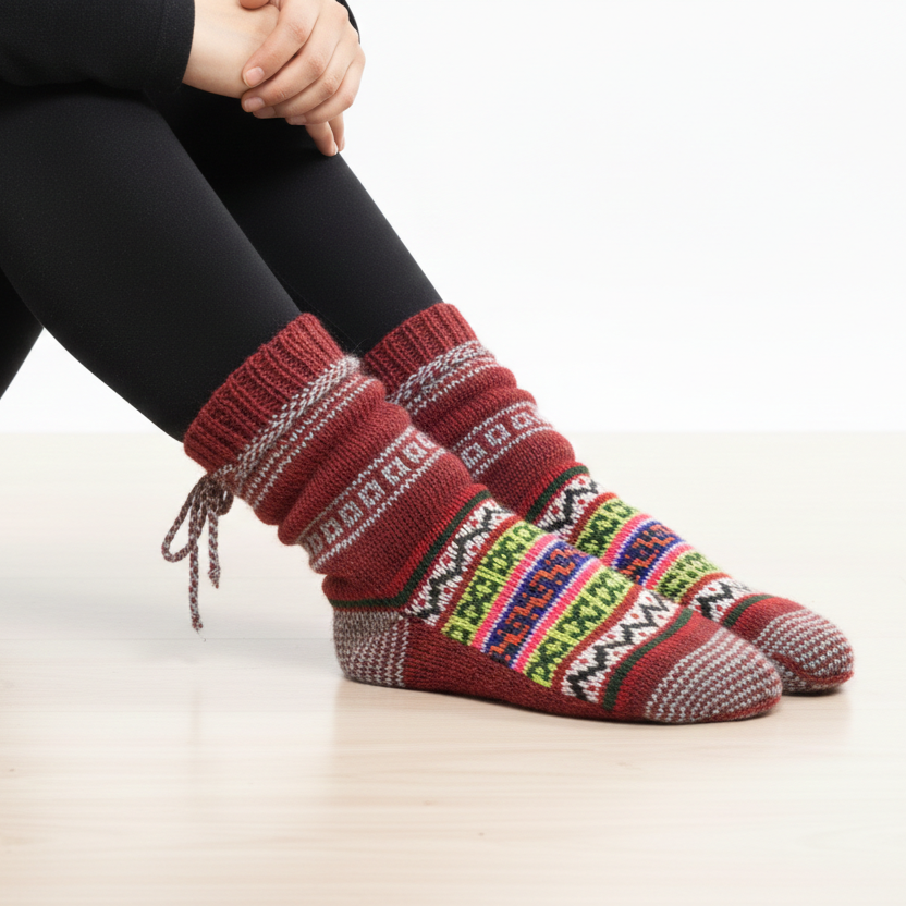 Unisex | Traditional Kullu Pattern Hand-knitted Woolen Socks| UK 4~7 | crew length | assorted multicoloured & textured