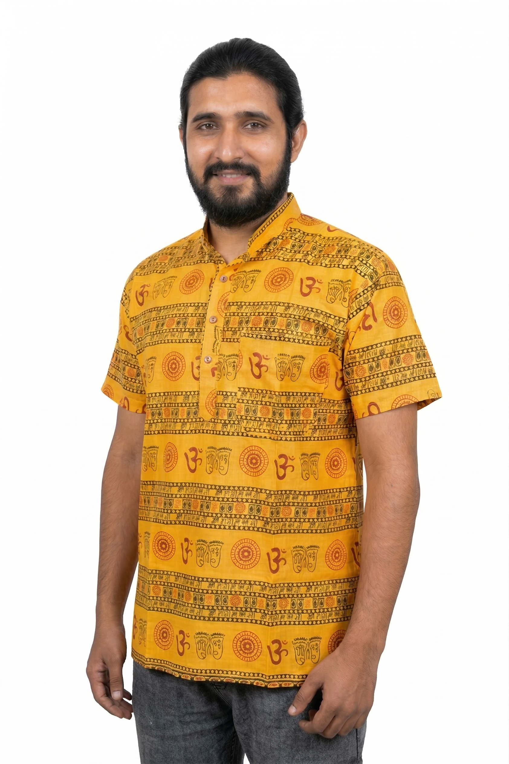 Unisex | 'Om' printed Cotton Short Kurta | half sleeve | waist length | religious motifs