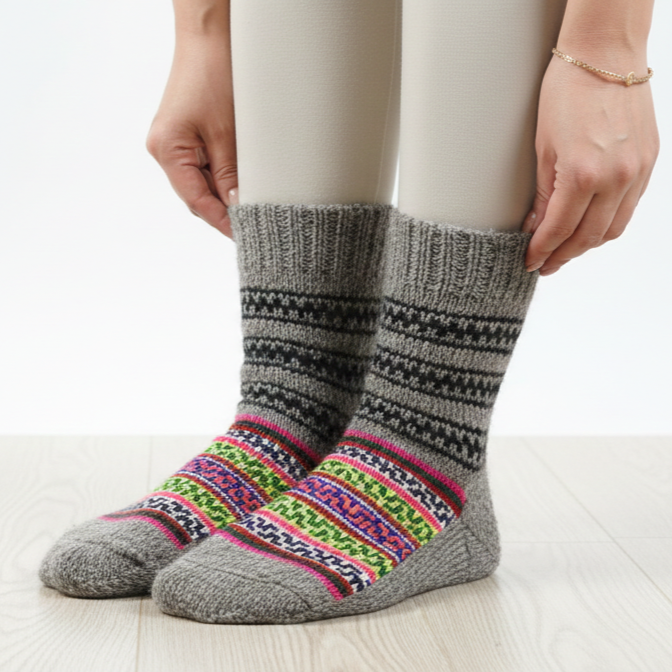 Unisex | Traditional Kullu Pattern Hand-knitted Premium Woolen Socks| UK 4~7 | crew length | assorted multicoloured & textured