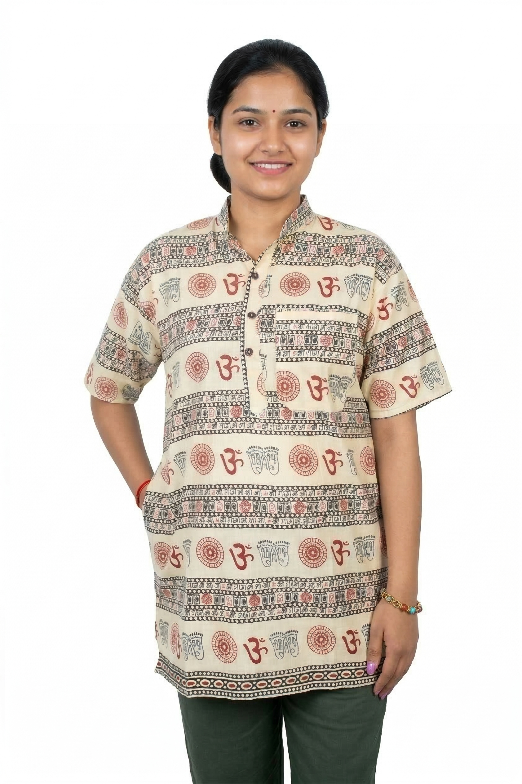 Unisex | 'Om' printed Cotton Short Kurta | half sleeve | waist length | religious motifs