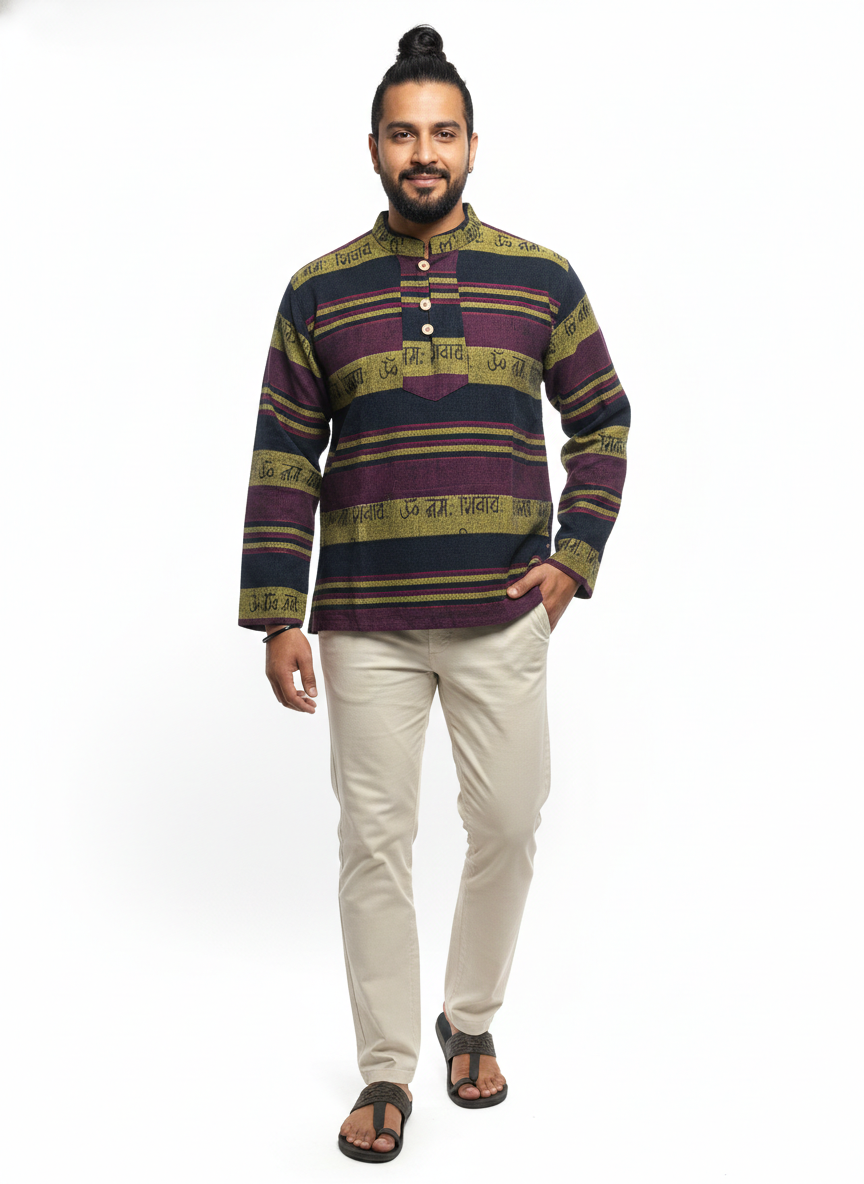 Unisex | Striped Grandad Cotton Shirt | Indian Boho style Kurta | kangaroo pocket | block print