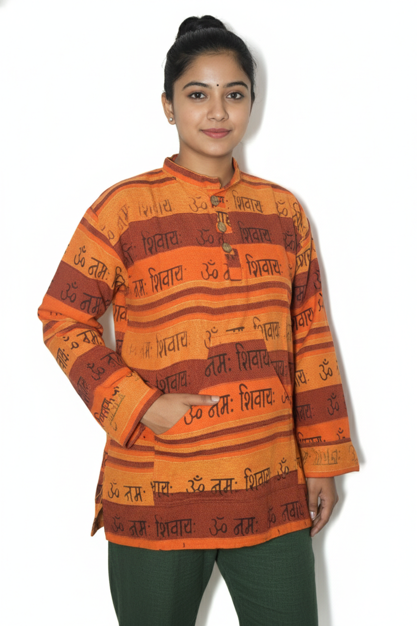 Unisex | Striped Grandad Cotton Shirt | Indian Boho style Kurta | kangaroo pocket | block print