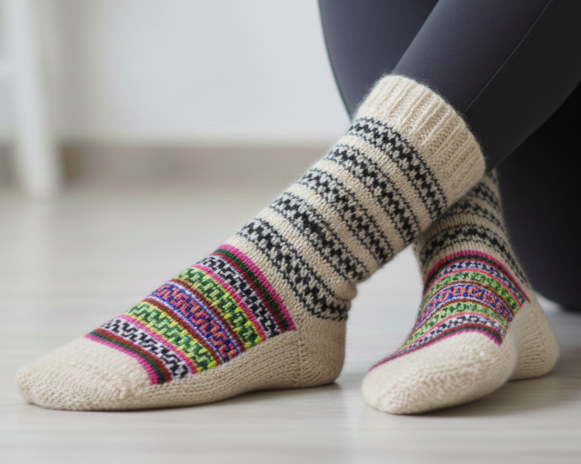 Unisex | Traditional Kullu Pattern Hand-knitted Premium Woolen Socks| UK 4~7 | crew length | assorted multicoloured & textured