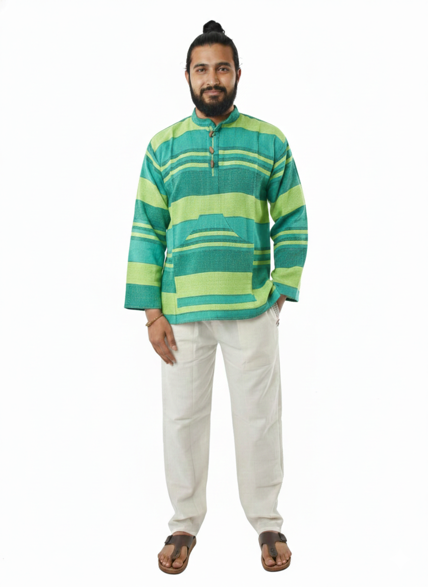 Unisex | Striped Grandad Cotton Shirt | Indian Boho style Kurta | kangaroo pocket