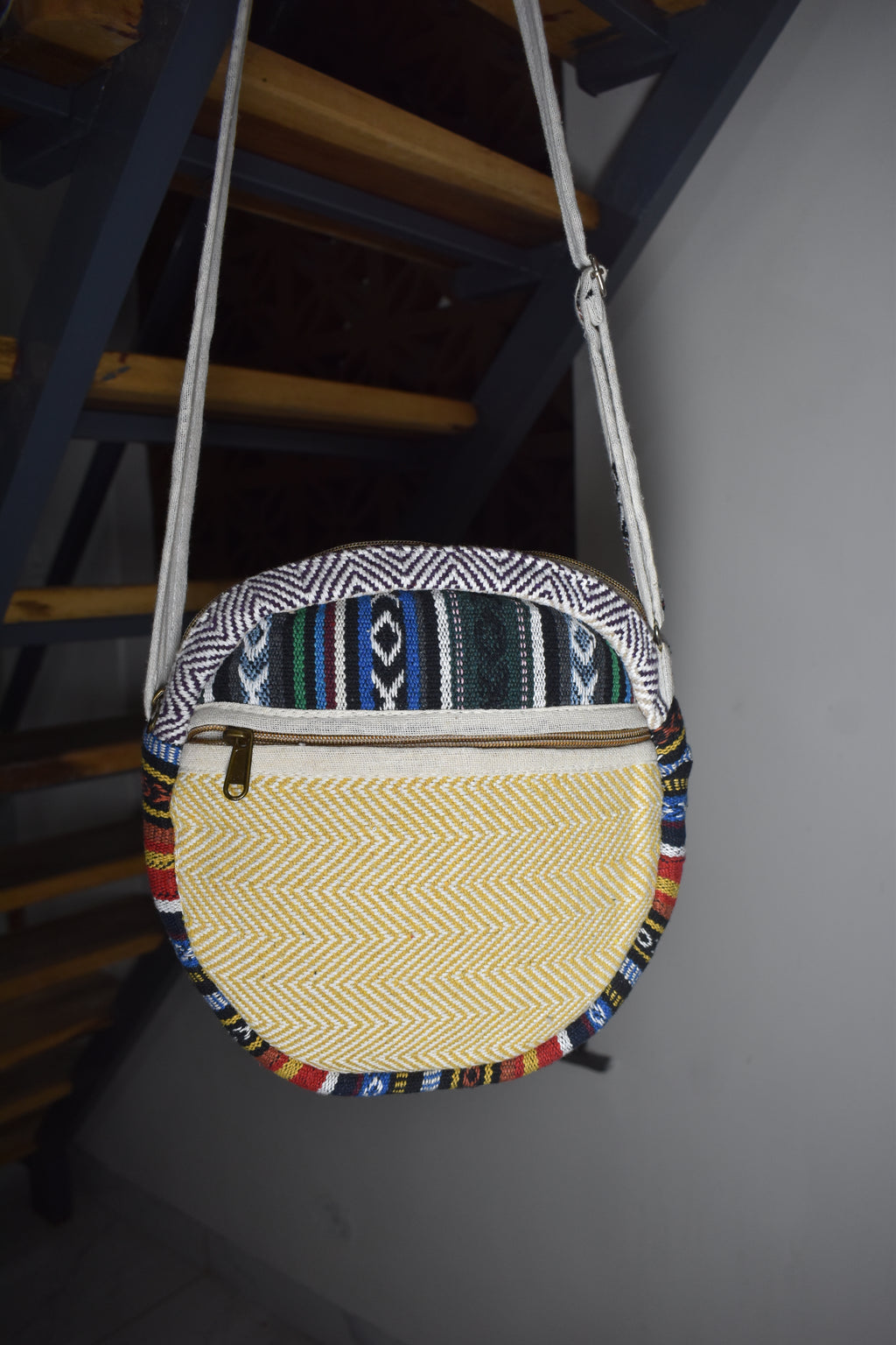 Cotton 9" Round Sling Bag | assorted multicoloured & Textured pattern | women
