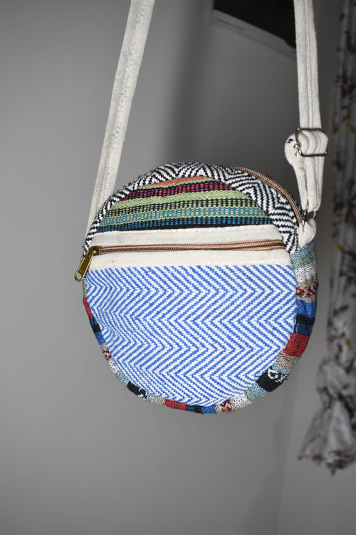 Cotton 7" Round Sling Bag | assorted multicoloured & Textured pattern | women