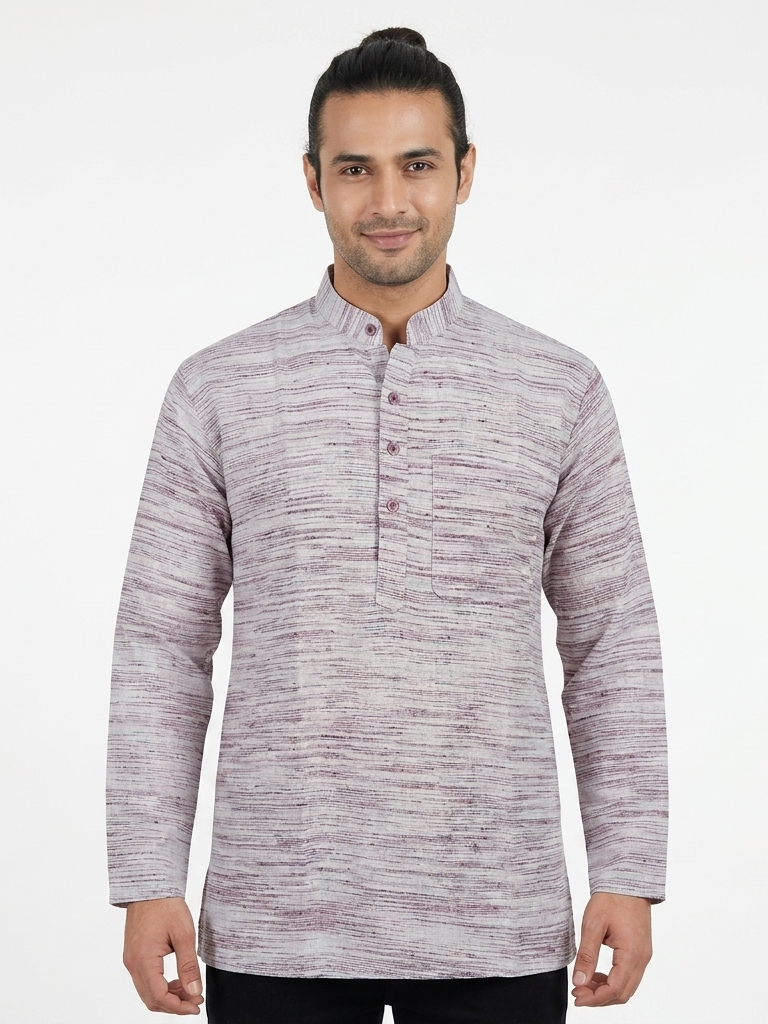 Men | Jharna Khadi Short Ethnic Kurta | full sleeve | chest and side pockets | striped & textured pattern