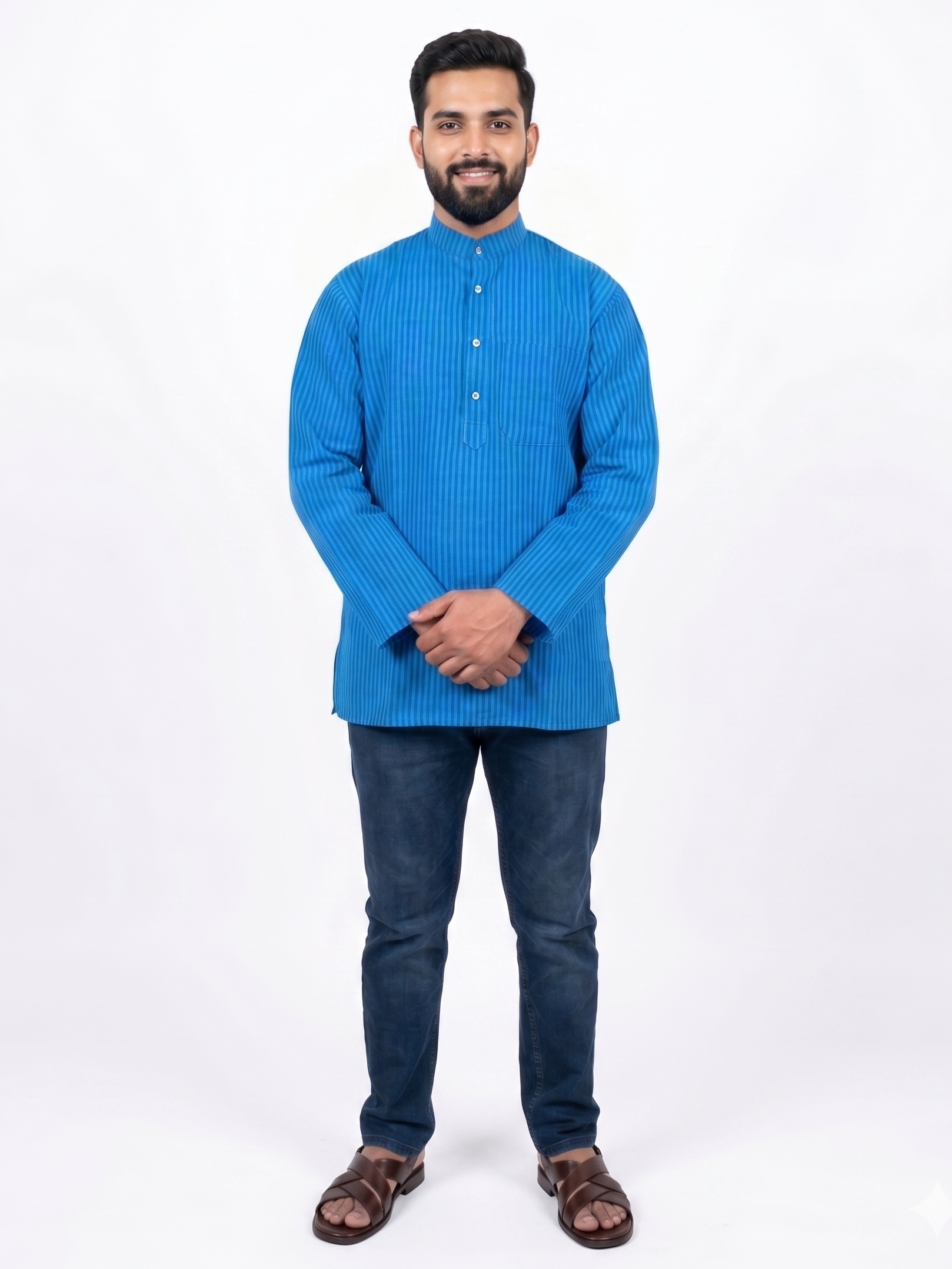 Men | Striped Khadi Short Ethnic Kurta | full sleeve | chest and side pockets | dual-color pattern