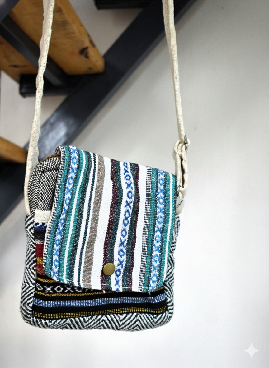 Cotton Square Flap Bag | assorted multicoloured & Textured pattern | shoulder sling | women