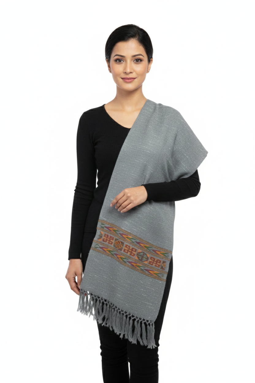 Women | Traditional Kullu Wool + Angora Shawl | GI Tagged | 1-Patti Design | handloomed