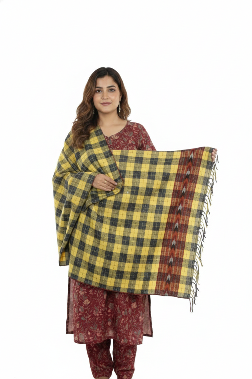 Women | Traditional Kullu Patti Pure Wool + Angora Stole | GI Tagged | Kattu Design with Doru | handloomed