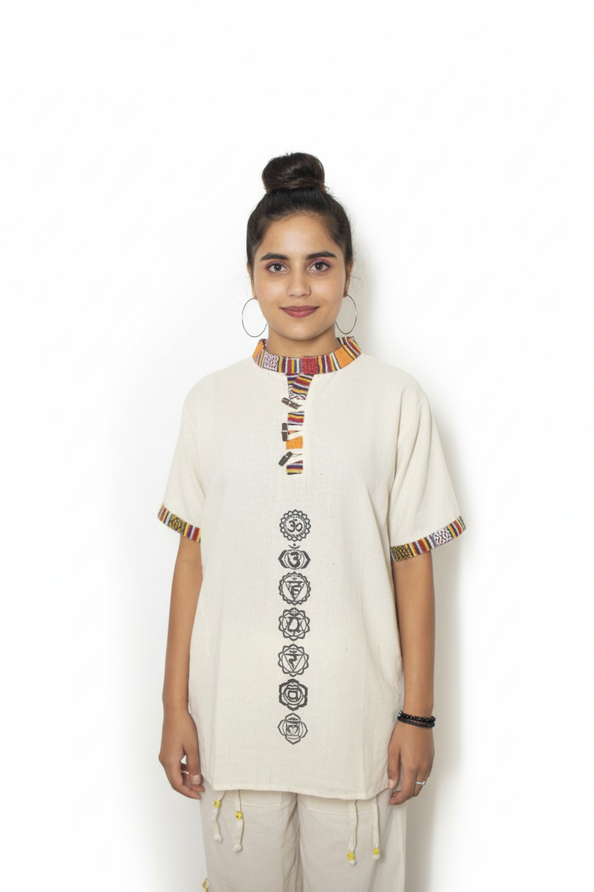 Unisex | Himalayan Patti Khadi Kurta | half sleeve | waist length | 7-Chakra print