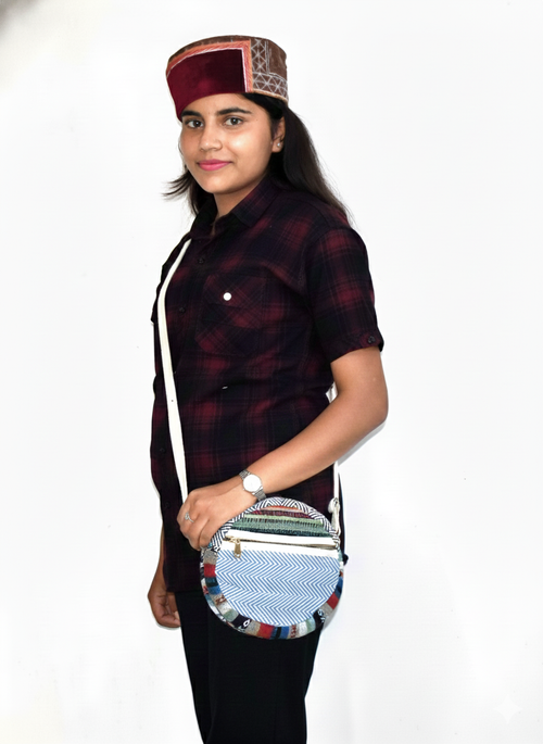 Cotton 7" Round Sling Bag | assorted multicoloured & Textured pattern | women