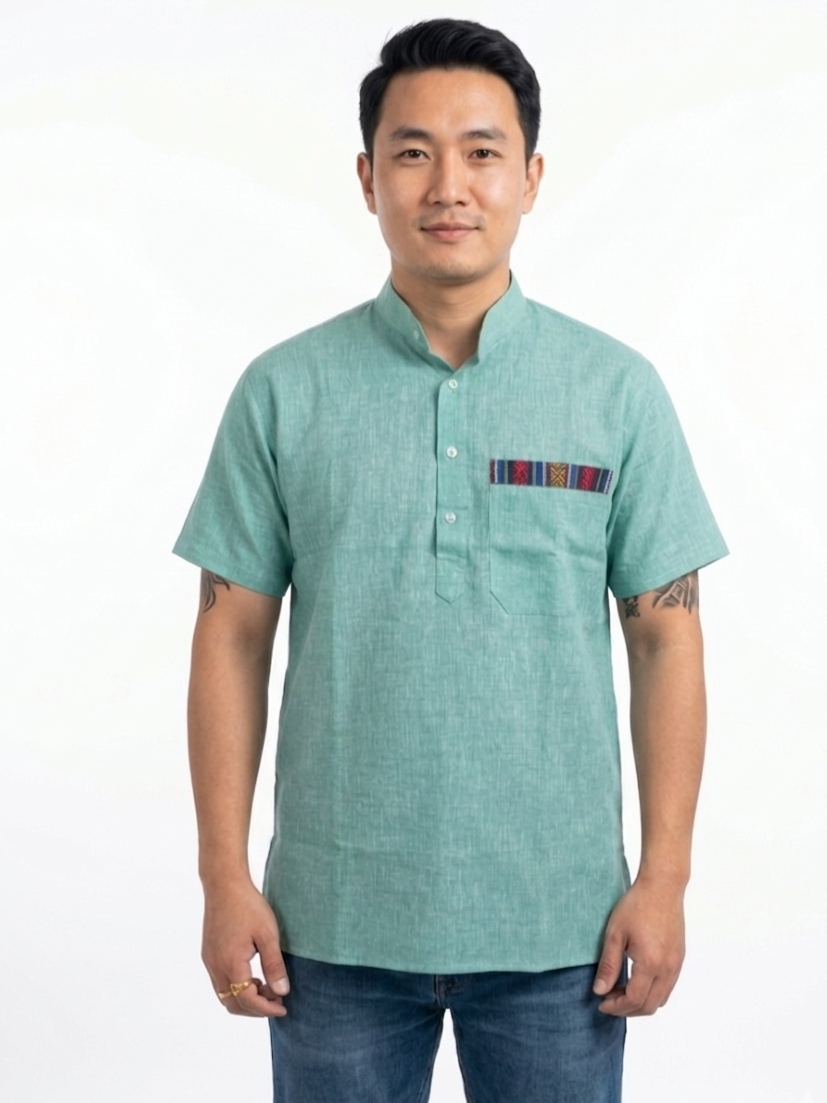 Men | Linen-blended Cotton Short Ethnic Kurta | half sleeve | chest and side pockets | textured pattern
