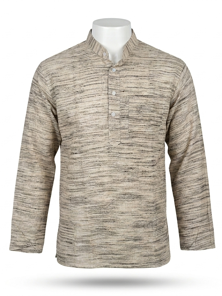 Men | Jharna Khadi Short Ethnic Kurta | full sleeve | chest and side pockets | striped & textured pattern
