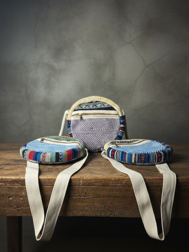 Cotton 7" Round Sling Bag | assorted multicoloured & Textured pattern | women