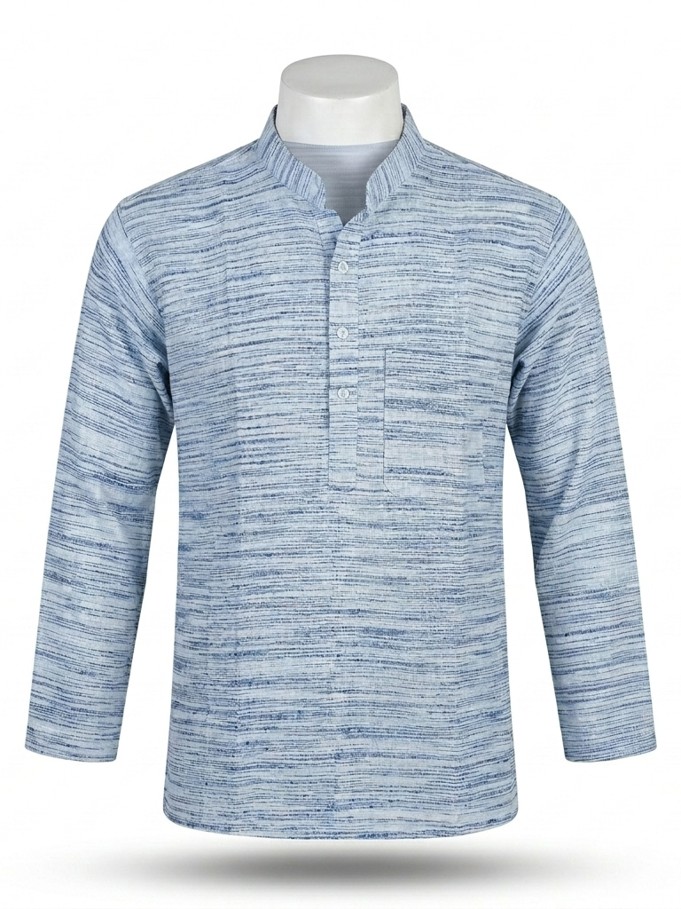 Men | Jharna Khadi Short Ethnic Kurta | full sleeve | chest and side pockets | striped & textured pattern