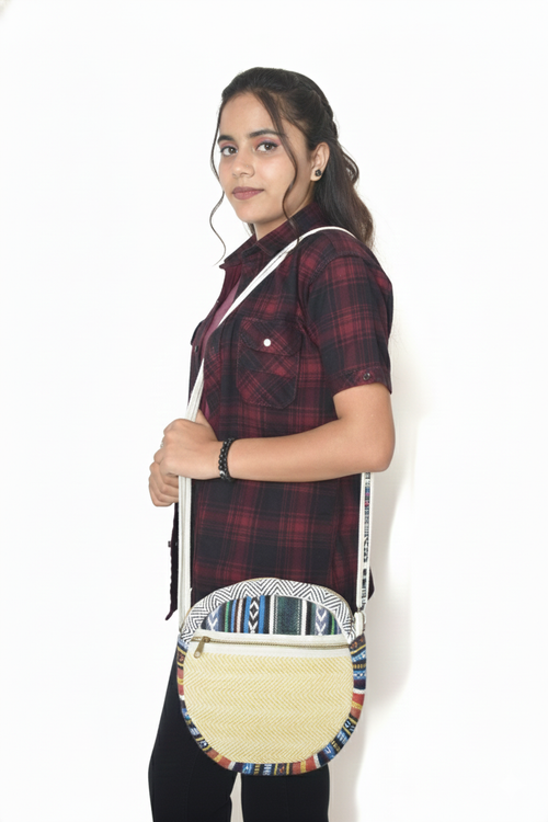 Cotton 9" Round Sling Bag | assorted multicoloured & Textured pattern | women