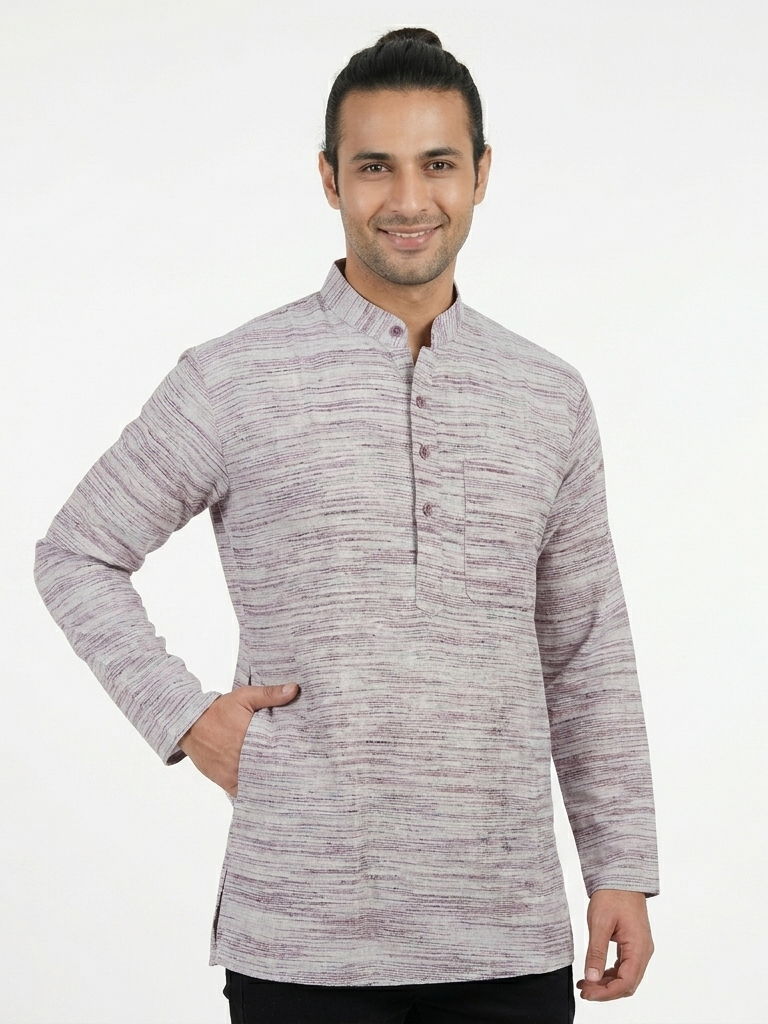 Men | Jharna Khadi Short Ethnic Kurta | full sleeve | chest and side pockets | striped & textured pattern