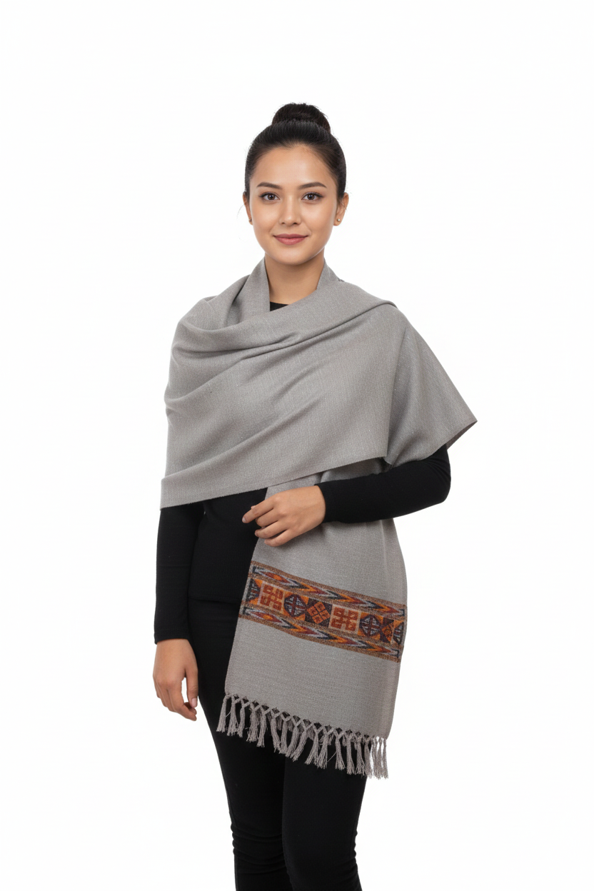 Women | Traditional Kullu Wool + Angora Shawl | GI Tagged | 1-Patti Design | handloomed