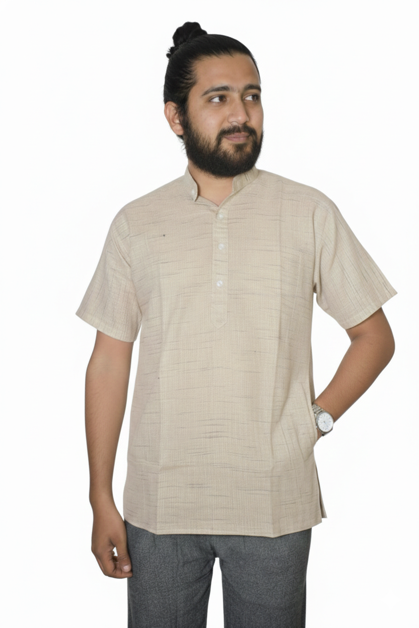 Men | Matka Khadi Cotton Short Ethnic Kurta | half sleeve | chest and side pockets | handloomed