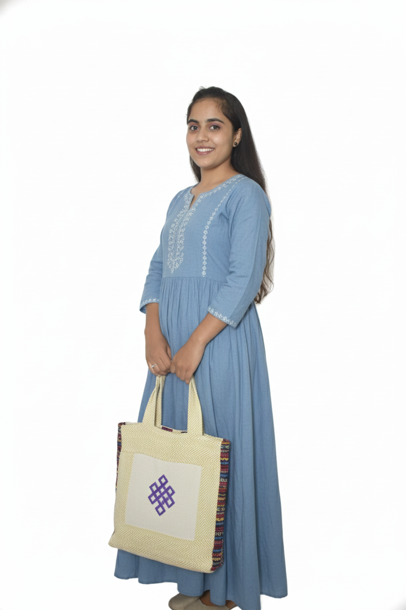 Cotton Tote Bag | assorted multicoloured & Textured pattern | embroidered forms | women