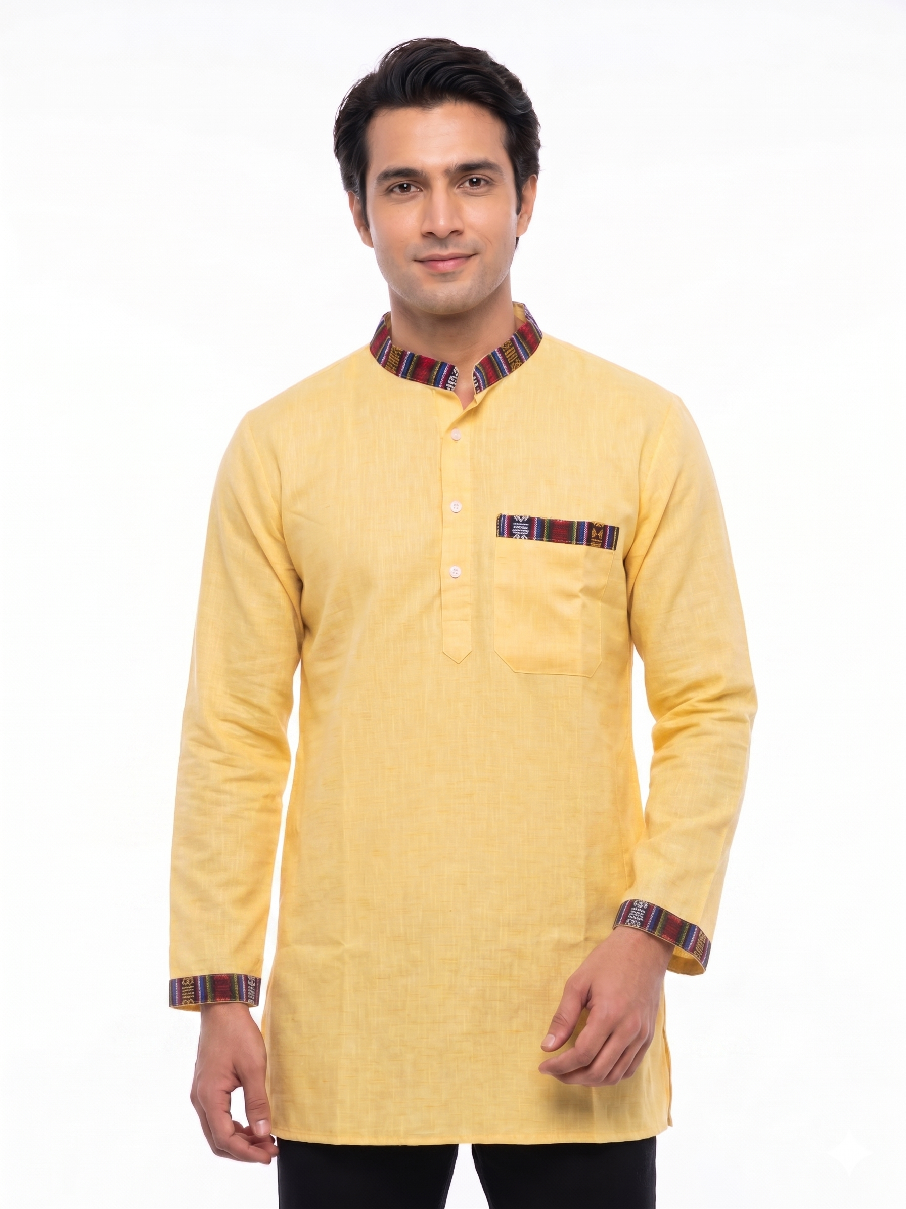 Men | Himalayan Patti Putki- Cotton Short Ethnic Kurta | full sleeve | chest and side pockets | textured pattern