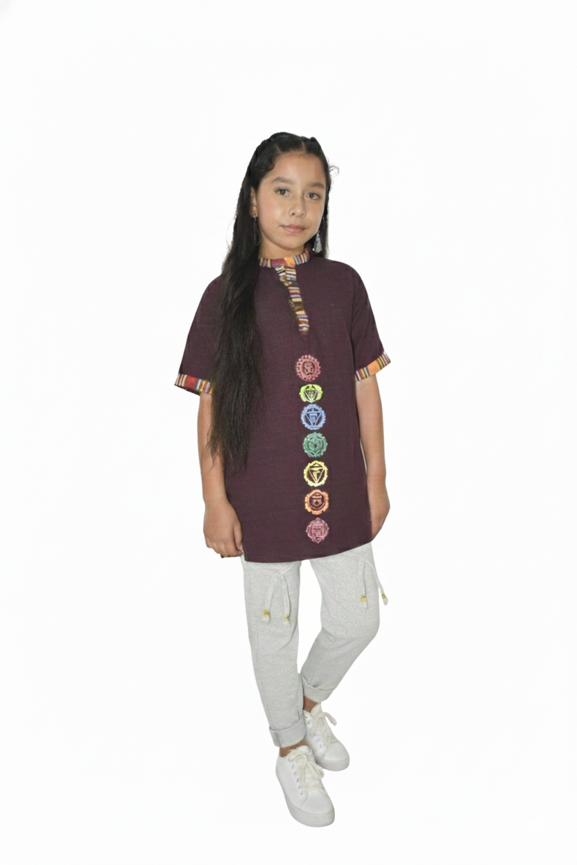 Kids | Himalayan Patti Printed Khadi Kurta | half sleeve | waist length | 7-Chakra print